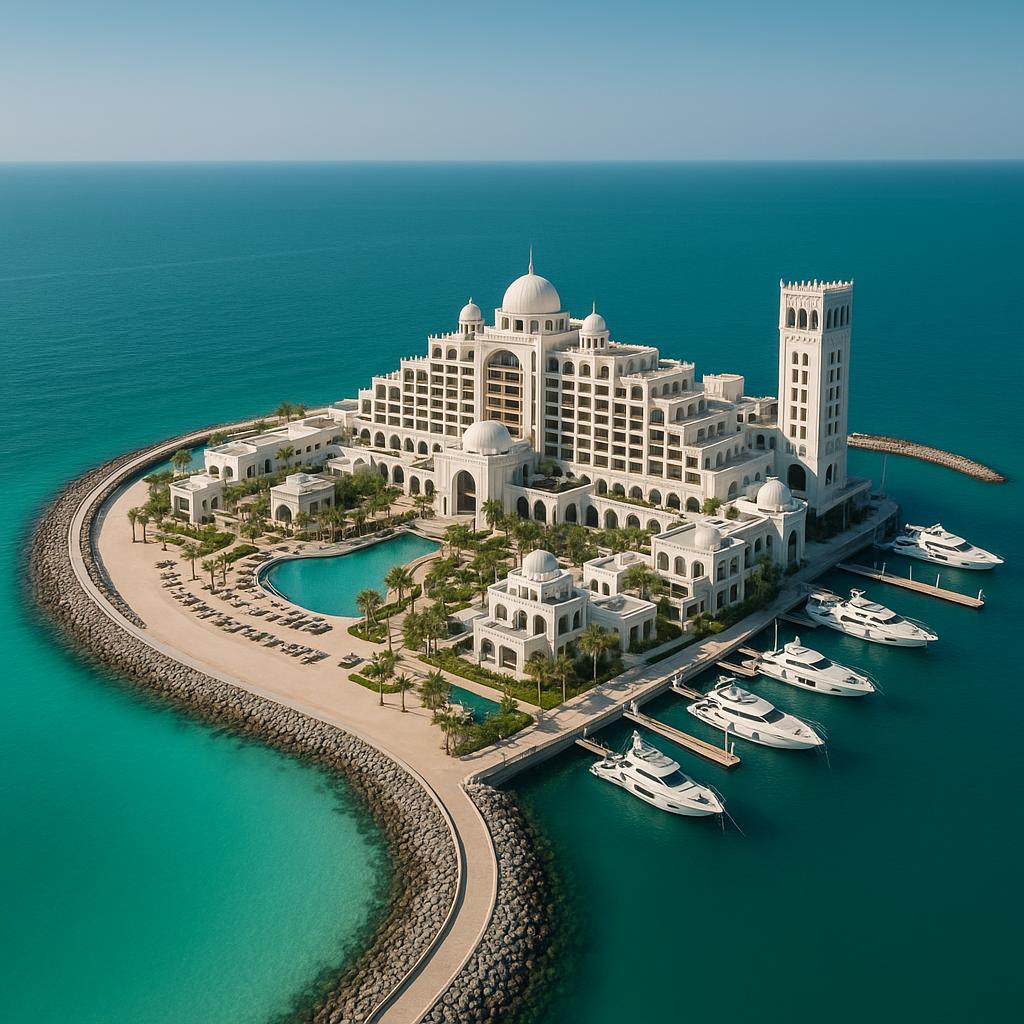 Aerial view of Jumeirah Marsa Al Arab resort and private peninsula in Dubai.