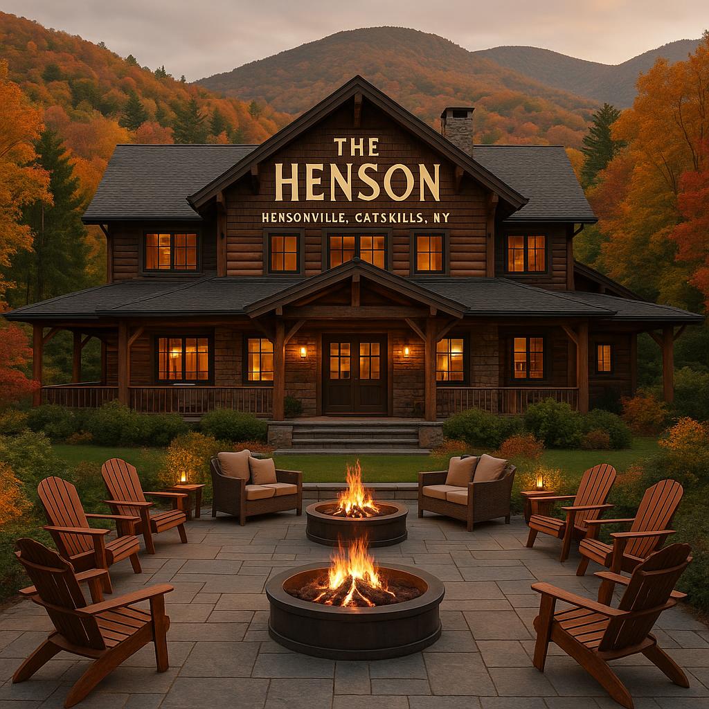 The Henson lodge nestled in autumn forest in Catskills, NY.