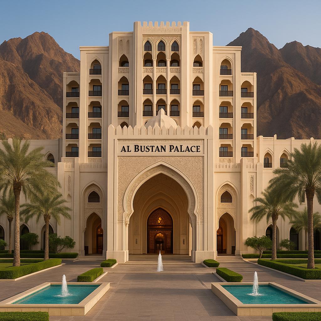 Al Bustan Palace grand entrance with mountains behind