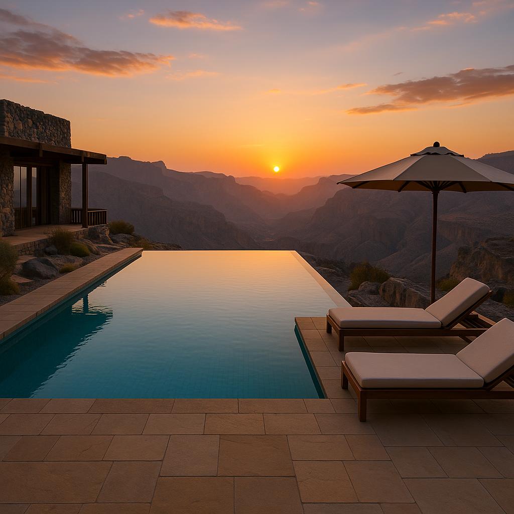 Infinity pool with panoramic mountain canyon views at Alila Jabal Akhdar