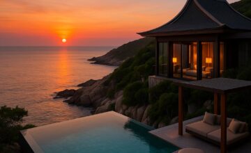 Clifftop villa at Amanoi resort overlooking ocean with private pool at sunset