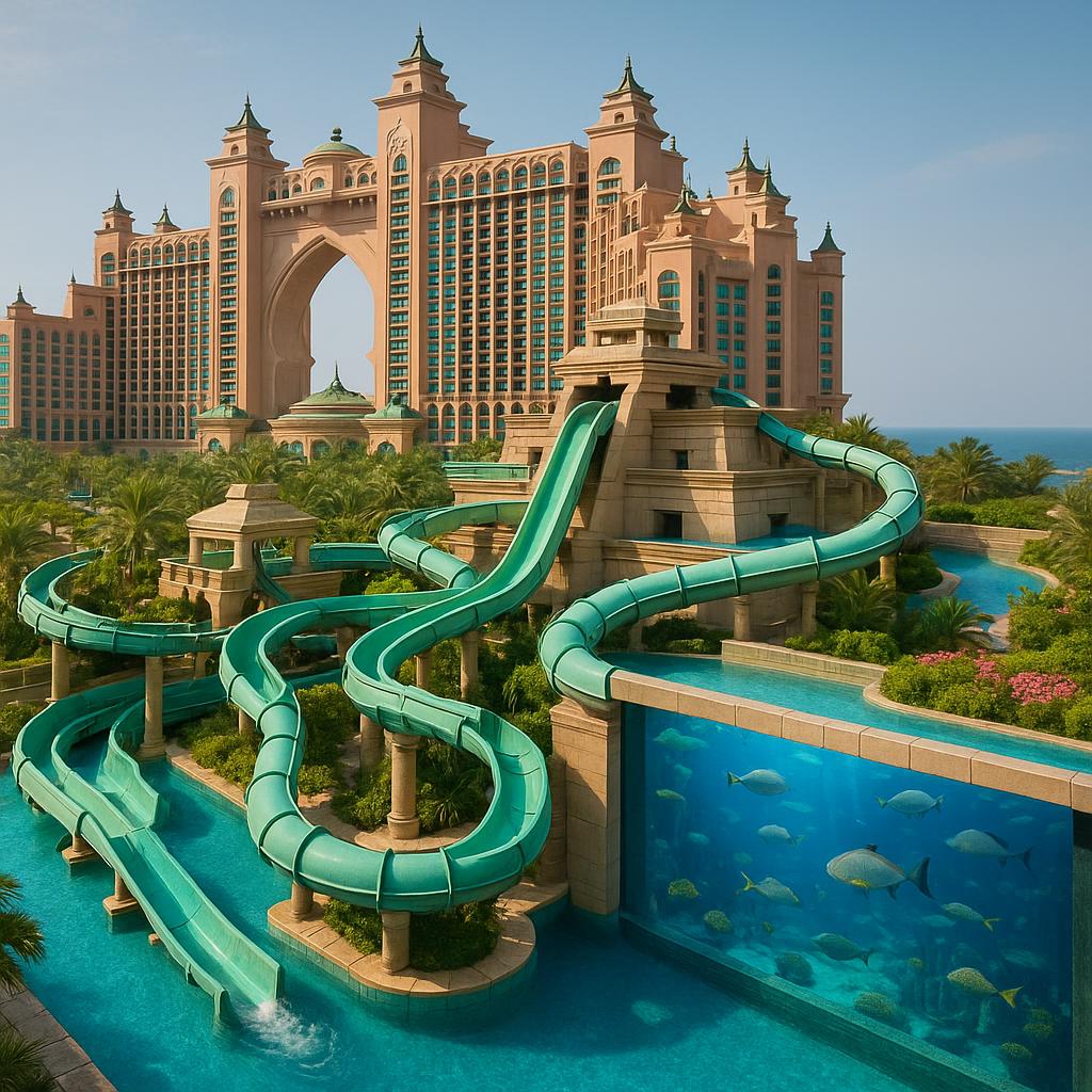 Aerial view of Atlantis The Palm resort with waterpark and aquarium