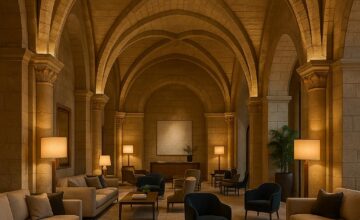 Elegant hotel lobby with vaulted ceilings and refined contemporary décor