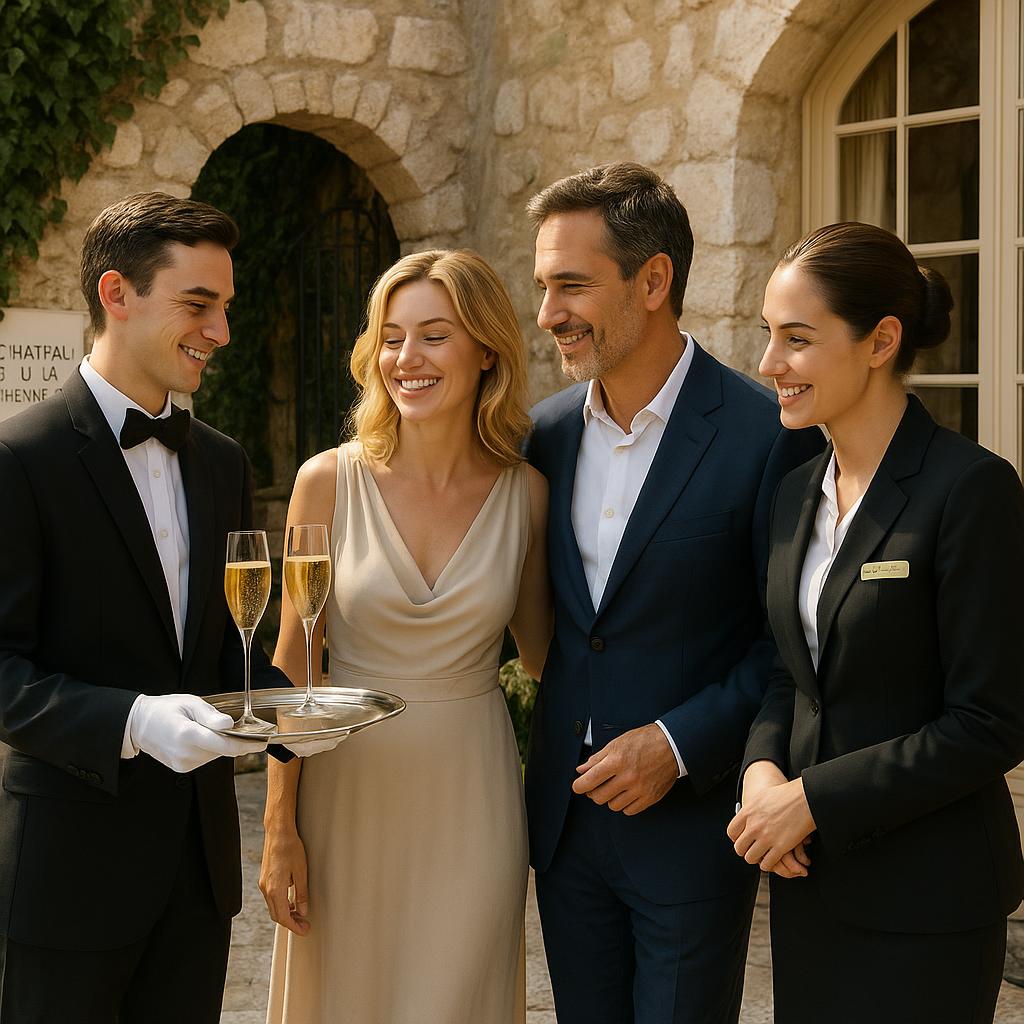 Attentive luxury hotel staff serving guests