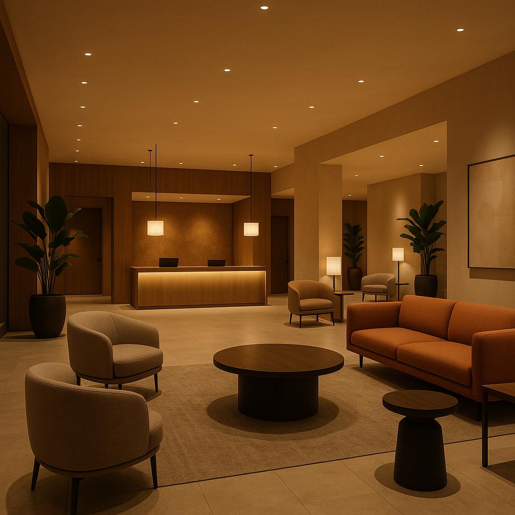 Coppersmith Hotel lobby with warm lighting and cozy seating