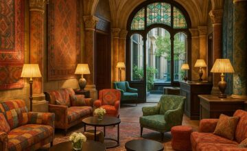 Elegant textile-themed lobby at Cotton House Hotel in Barcelona