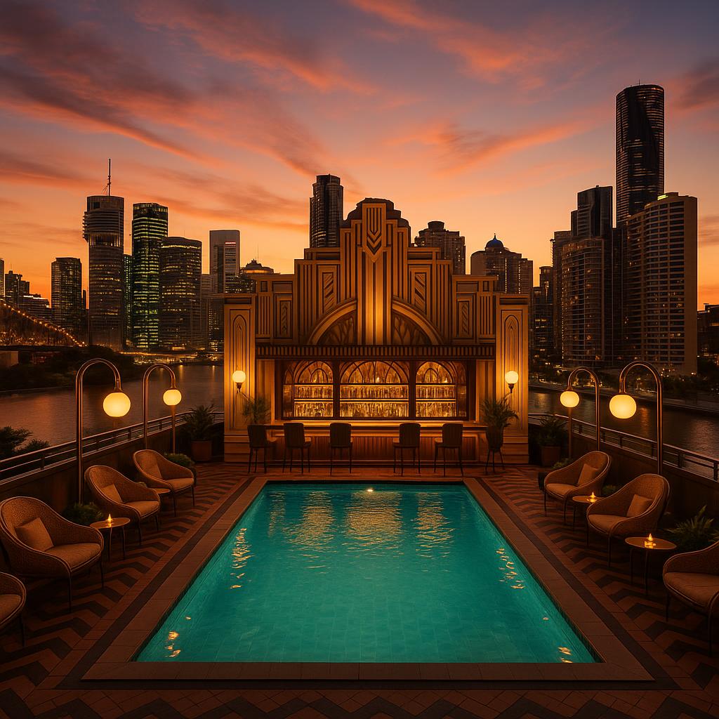Emporium Hotel rooftop pool with Art Deco style and city views at sunset