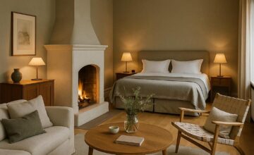 Elegant Ett Hem suite with fireplace and Scandinavian decor