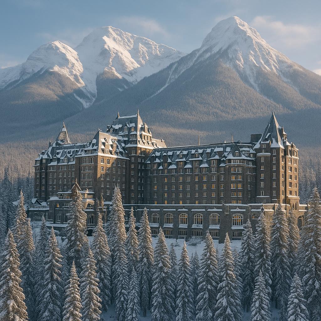 Fairmont Banff Springs castle-style hotel with snowy Rockies in background