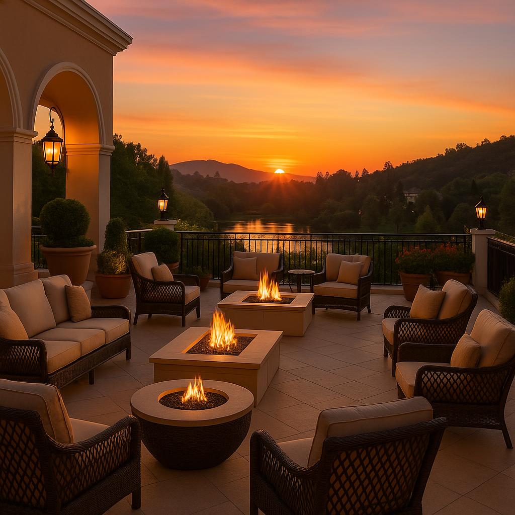 Outdoor terrace at Four Seasons Hotel Los Angeles with sunset and luxury seating