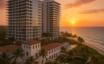 Four Seasons Hotel at The Surf Club facing ocean at sunset