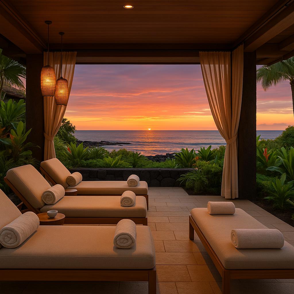 Spa relaxation area at Four Seasons Resort Hualalai with ocean sunset view
