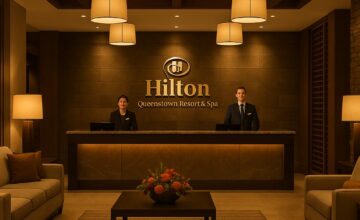 Welcoming lobby at Hilton Queenstown Resort & Spa