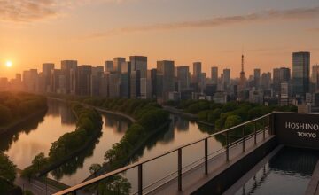 Sunrise view of Tokyo skyline and Imperial Palace moat from hotel rooftop