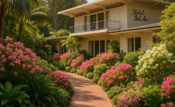 Hotel Bel-Air lush garden pathway with mid-century architecture