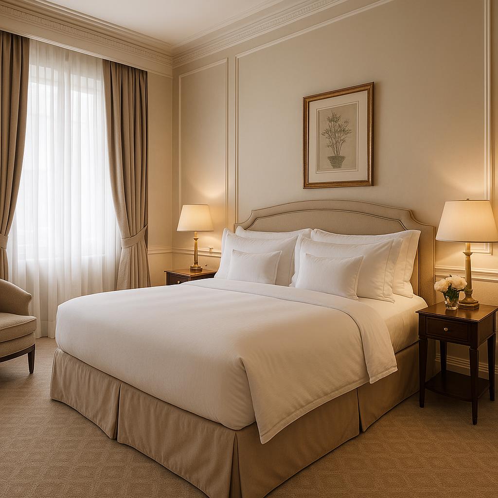 Luxury hotel room at Hotel Drisco featuring serene decor and plush bedding