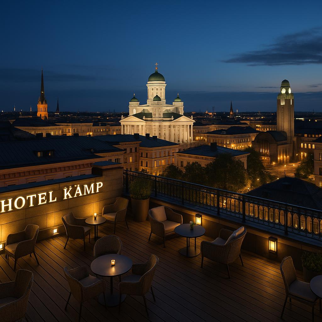 Panoramic rooftop view of Helsinki city skyline from Hotel Kämp