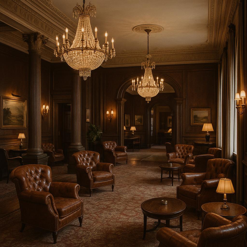 Hotel Sanders vintage lounge with chandeliers and leather armchairs