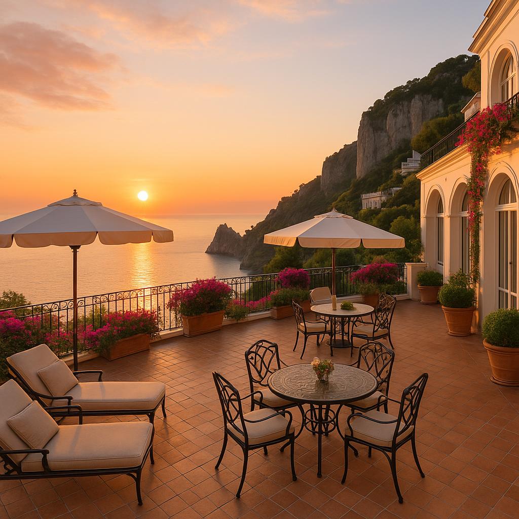 JK Place Capri boutique hotel terrace overlooking the sea at sunrise