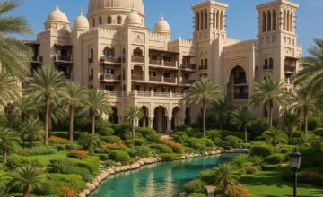 Jumeirah Al Qasr hotel facade with gardens and waterways