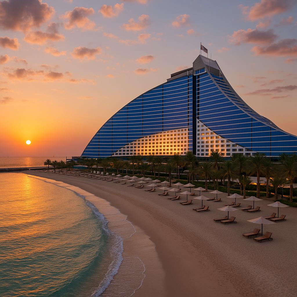 Jumeirah Beach Hotel iconic wave-shaped building at sunset