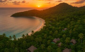 Aerial sunset view of Laucala Island Resort with villas and tropical landscape