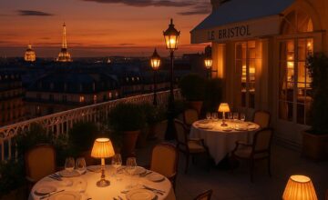 Rooftop dining at Le Bristol with Paris skyline at night