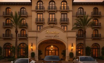 Montage Beverly Hills hotel entrance glowing at dusk