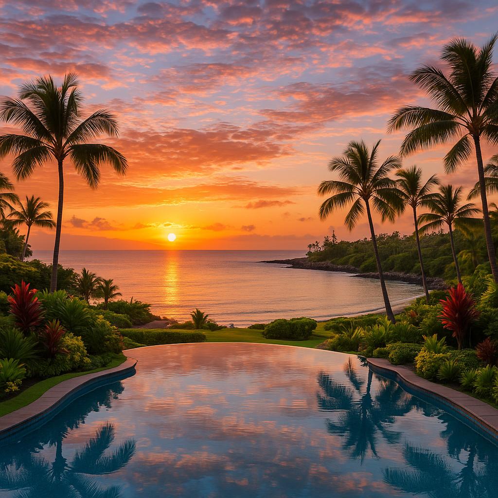 Sunset at Montage Kapalua Bay showing ocean view and infinity pool