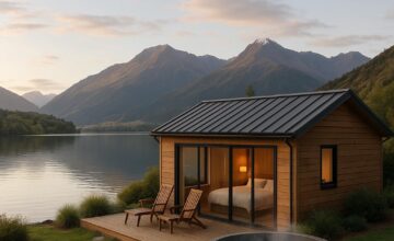 Mt Cook Lakeside Retreat showing a private hot tub overlooking a calm lake with mountains in the background