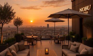 Rooftop terrace view of Barcelona skyline from Nobu Hotel