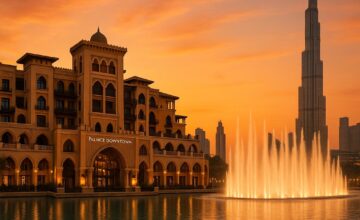 Palace Downtown hotel with Dubai Fountain at sunset