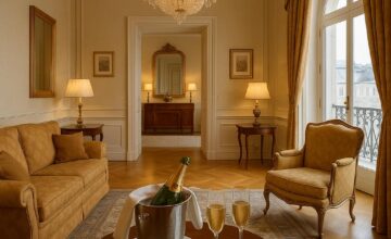 Luxurious suite interior at Palais Coburg Residenz featuring champagne and classic Viennese style