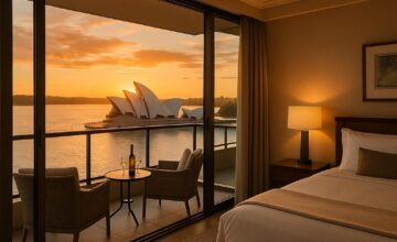 Luxury hotel balcony overlooking Sydney Opera House at sunset