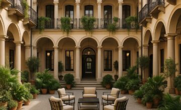 Portrait Milano courtyard with classic Milanese architecture and greenery