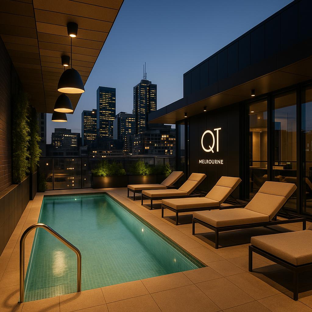 QT Melbourne rooftop pool scene at sunset, stylish loungers and vibrant atmosphere