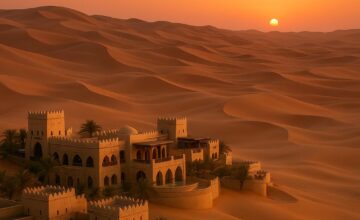 Qasr Al Sarab Desert Resort mirage effect at sunset