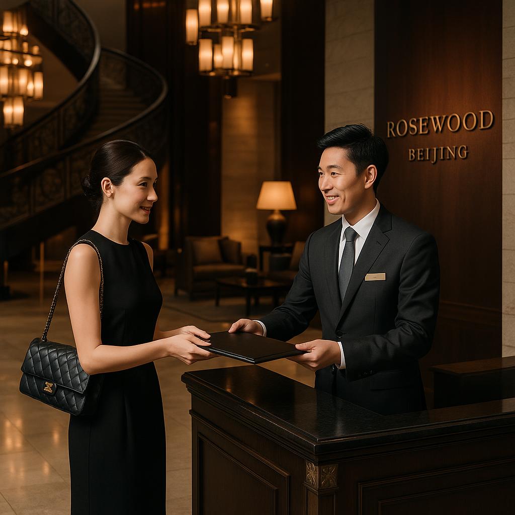 Rosewood Beijing staff providing exceptional personalized service to a guest in the lobby