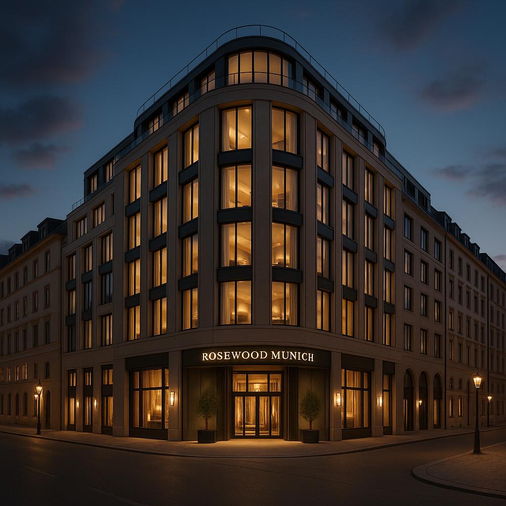 Rosewood Munich luxury hotel exterior at dusk