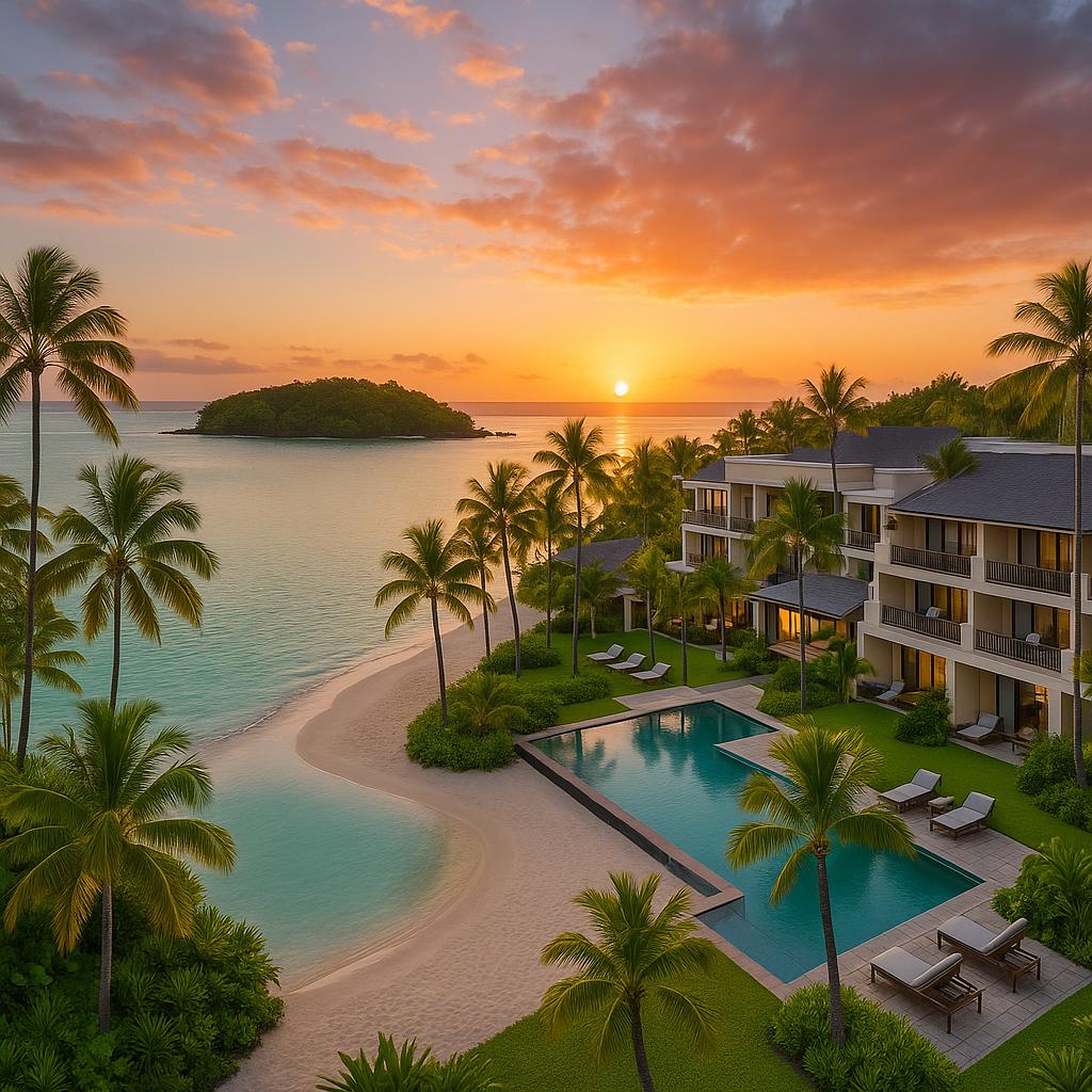 Shangri-La Le Touessrok lagoon view with sunset and beachfront