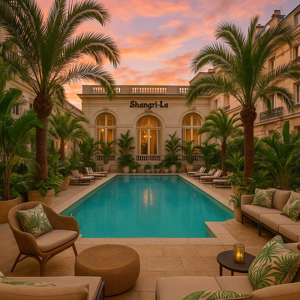 Shangri-La Paris beach club-style pool and lounge with tropical decor