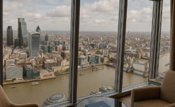 Panoramic view from Shangri-La The Shard hotel room overlooking London skyline