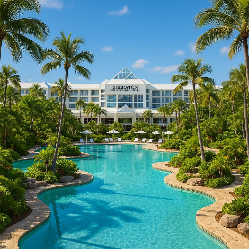 Lagoon pools at Sheraton Grand Mirage Resort with tropical gardens on the Gold Coast