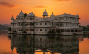 Taj Lake Palace on Lake Pichola in the evening
