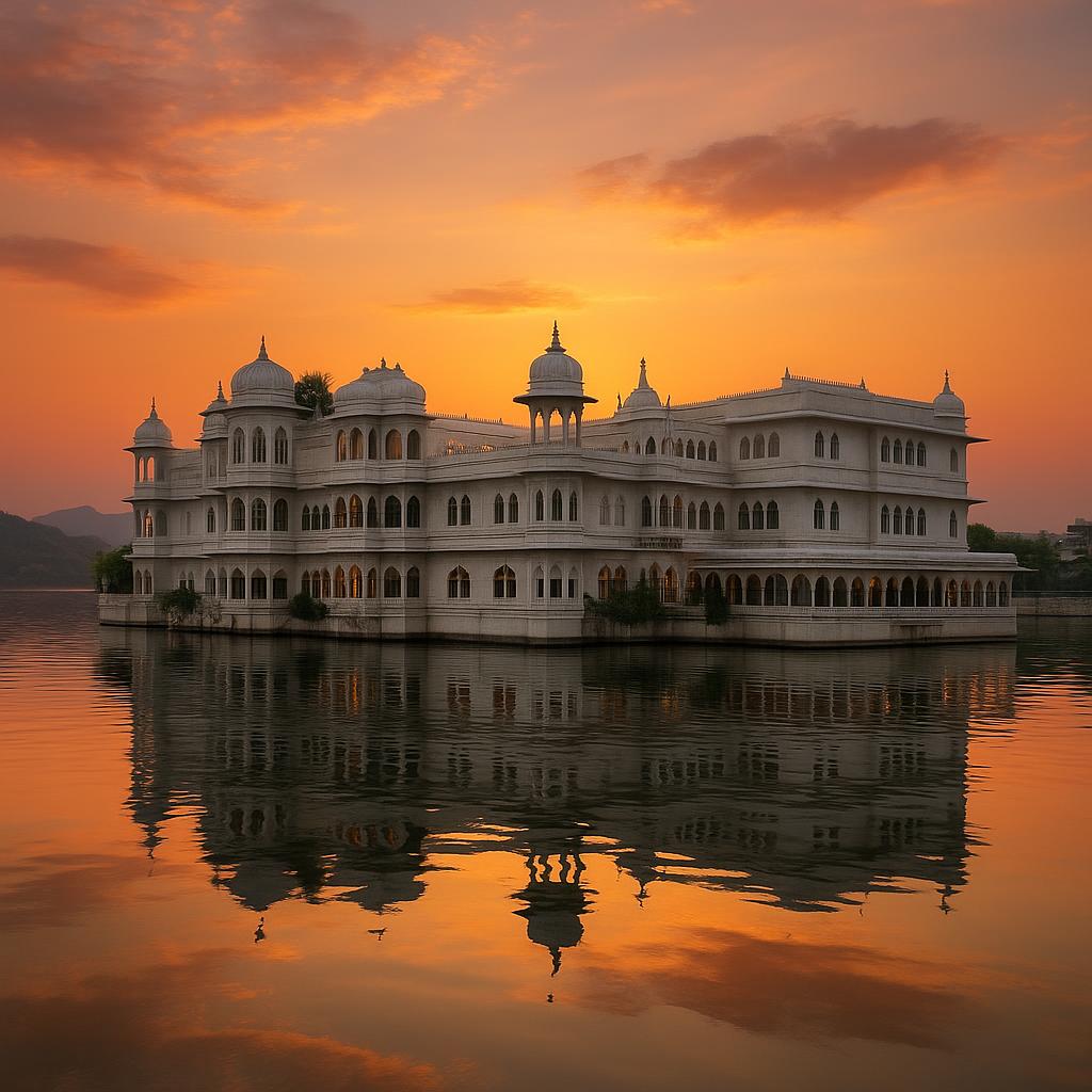 Taj Lake Palace on Lake Pichola in the evening