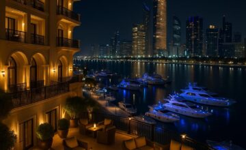 The Abu Dhabi EDITION hotel glowing at night with marina and yachts illuminated