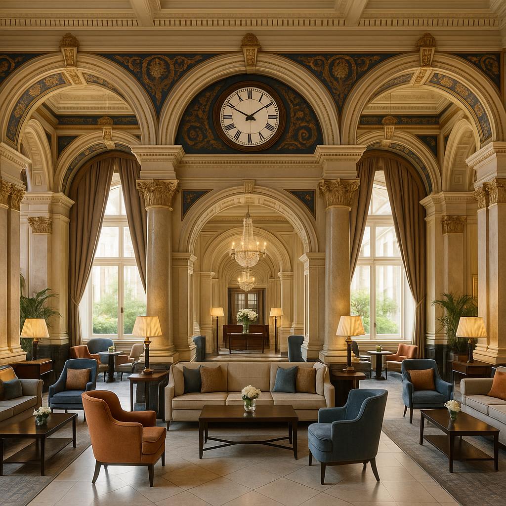 The Balmoral hotel lobby with iconic clock and grand arches