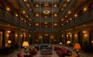 Historic elegant lobby with vaulted ceiling and modern lighting