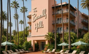 The Beverly Hills Hotel pink facade with palm trees and pool