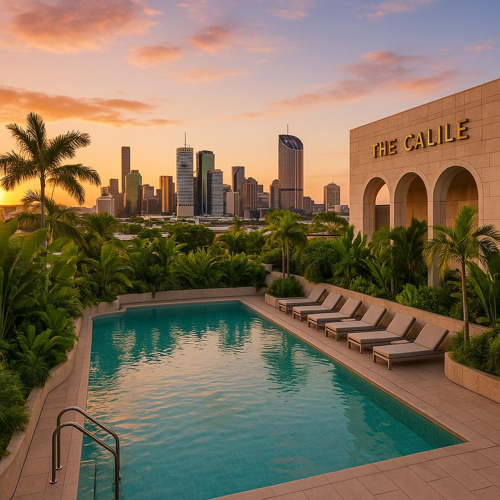 Rooftop pool at The Calile Hotel with Brisbane city skyline in background at golden hour